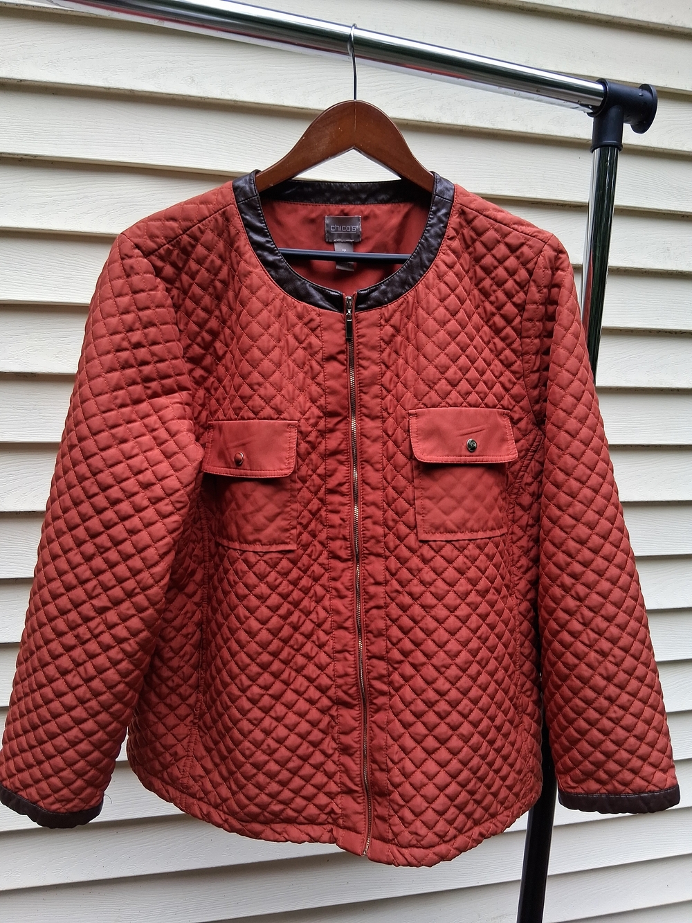 Chico's Quilted Jacket Bittersweet Orange With Faux Brown Leather Trim Size 3